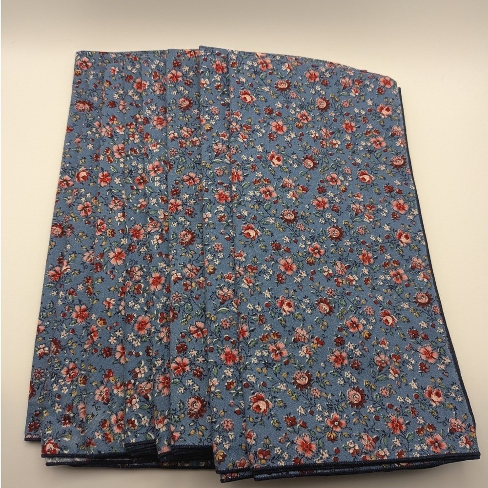 Set of 8 Blue Floral Cloth Napkins Ditsy Flower‎ Print Square Dinner Linens